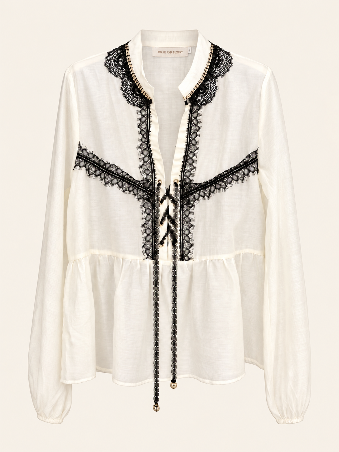 Trash and Luxury- Blusa con inserti in pizzo e pietre